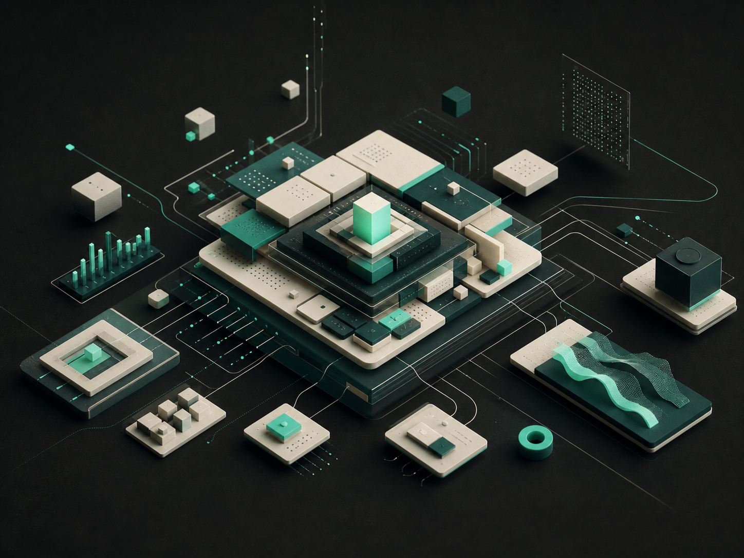 Layered MITVS digital architecture assembled from tactile modules and signal tracks.