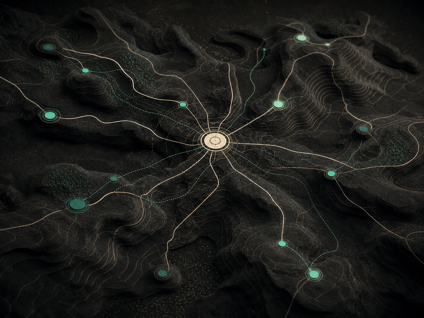 Abstract MITVS ecosystem map with topographic paths and mint signal nodes.